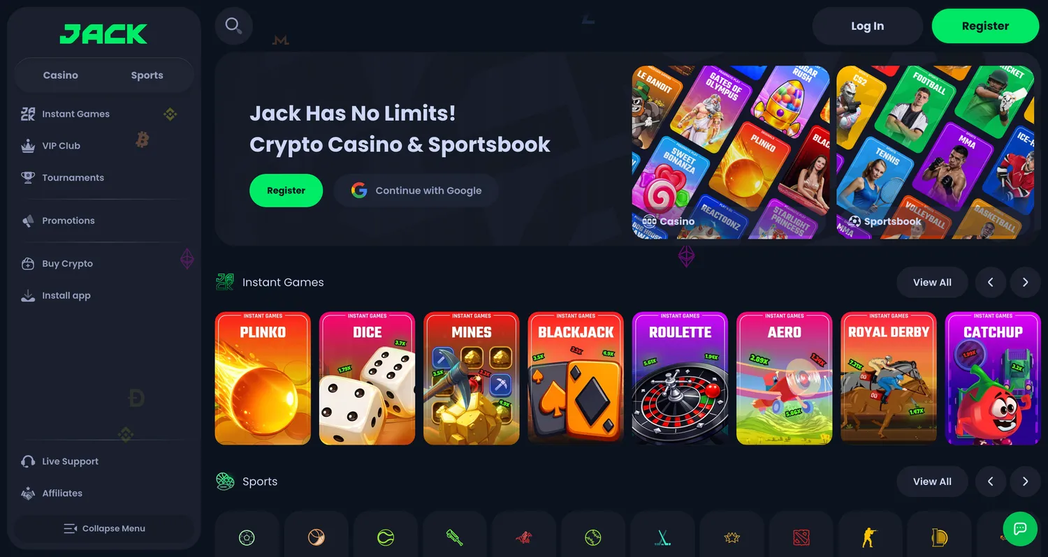 Jack casino homepage