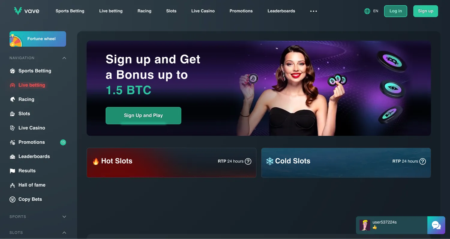 Vave casino homepage